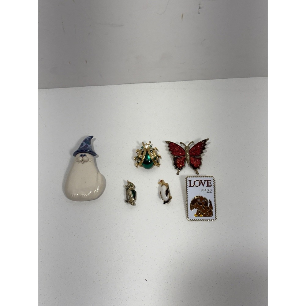 Vintage Brooch Pin Lot 6 Bug Green Cat Owl Penguin Butterfly Rhinestones Animals